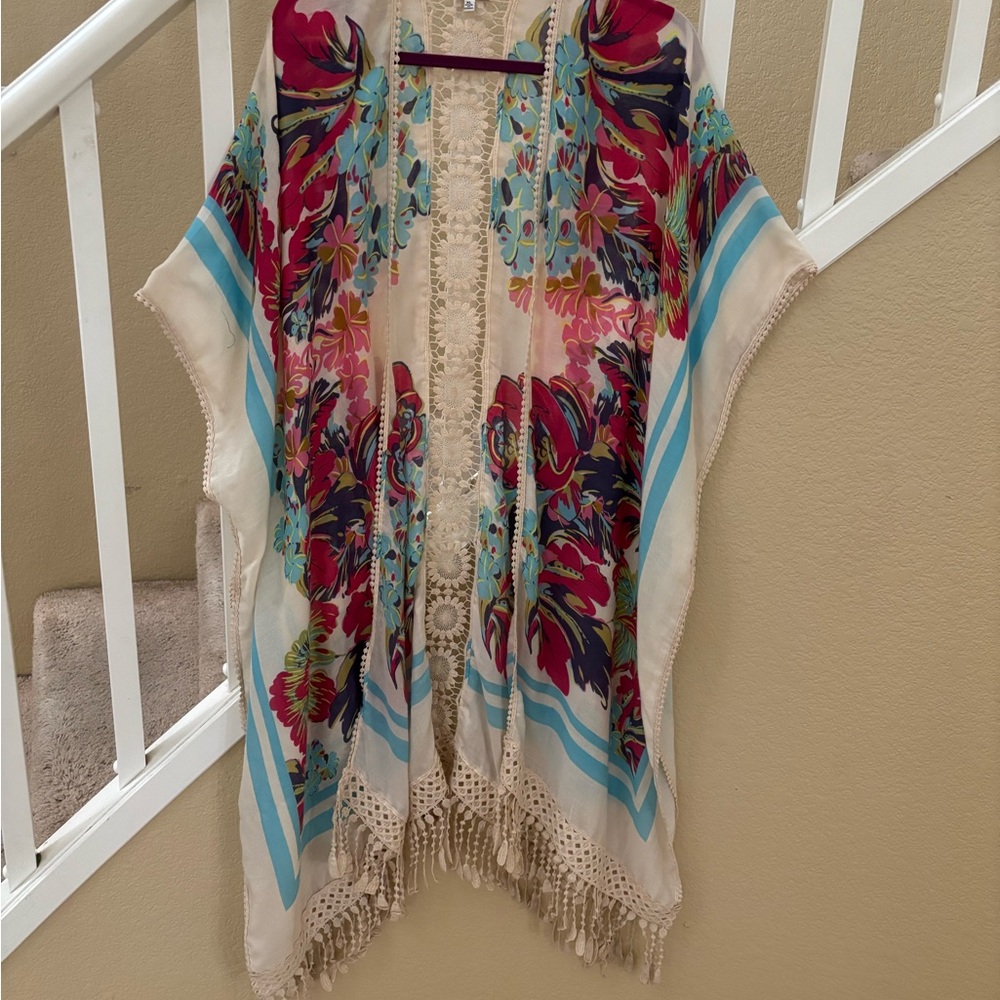 Woven Heart Floral Multicolor Kimono with Crochet Trim